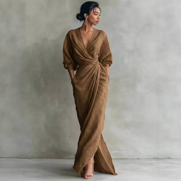 Brown Linen-Blend Wrap Maxi Dress V-Neck Batwing Sleeve Side Slit Elegant Evening
