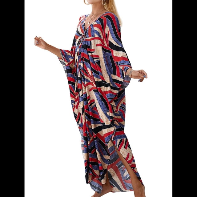 Vestido Caftán con Estampado Animal para Mujer, Talla Grande, para Playa, Verano 2025 Rojo y Amarillo Talla Única