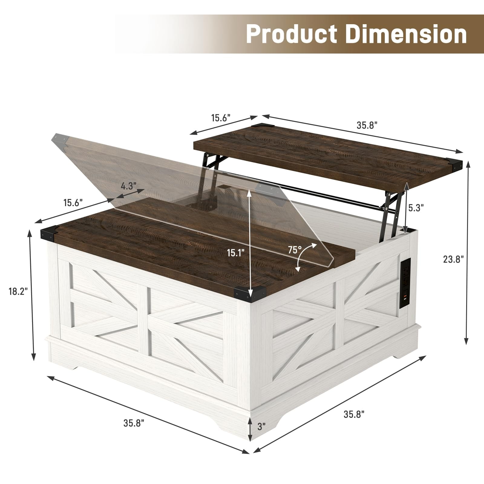 ANPOO 36” Square Lift Top Coffee Table with Power Outlets & Movable Wheels, Farmhouse Coffee Table w/Large Hidden Storage, Multi-Function Lift Wood Center Table for Home, Office,Rustic White