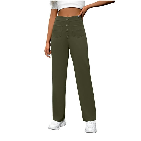 XFLWAM Womens Casual Straight Leg Pants Stretchy Business Work Slacks Elastic High Waisted Button Trousers with Multiple Pockets Army Green XXL