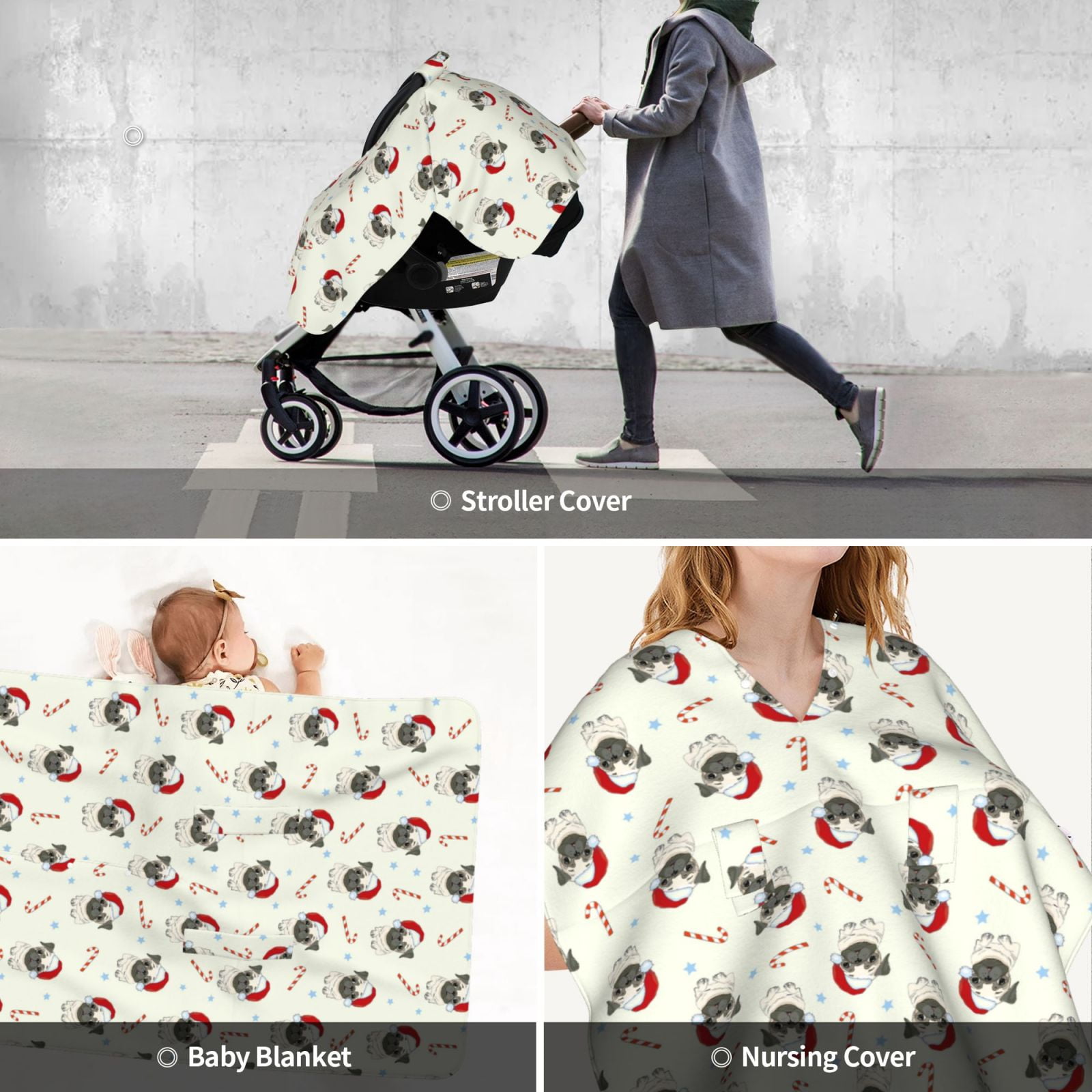 Car Seat Cover Baby - Christmas Pug Dog Breathable Infant Car Seat Cover for Baby Carseat, Lightweight Comfort Baby Essentials Must Haves Newborn Stuff for Girl Boy