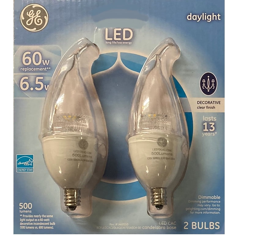 (2 bulbs) GE Lighting daylight LED Chandelier Light Bulbs, Bent Tip, 60 watt equivalent,  Daylight, Clear Finish, Dimmable Candelabra base LED Bulbs