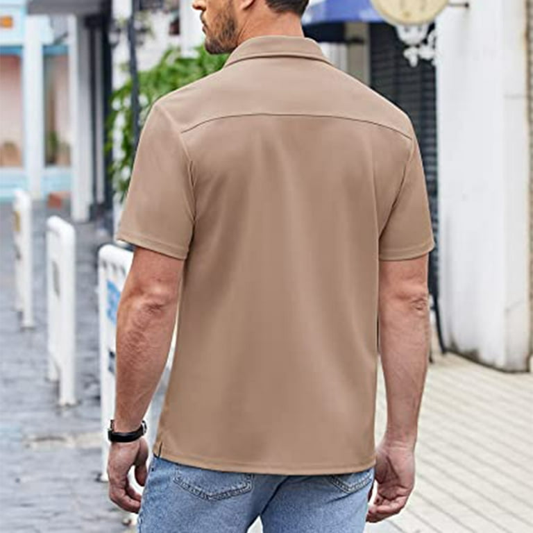 KSCYKKKD Men's Button Down Dress Shirt Short Sleeve Casual Beach Tops Lapel  Neck Solid Color Blouse Khaki XXL 