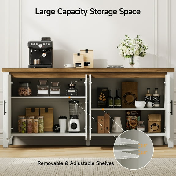 63" Sideboard Buffet Cabinet, Kitchen Buffet Storage Cabinet, Farmhouse Storage Cabinet with Adjustable Shelves, Large Credenza Sideboard with 4 Wave Panel Doors,Living Room,Kitchen,Hallway,White