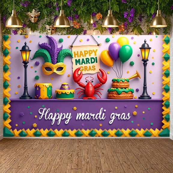 Colorful Balloons Mardi Gras Banner Feather Mask Carnival Display Gold Sequins Purple Green Yellow Festive Backdrop for Mardi Gras Party Carnival Celebration Festival Decoration