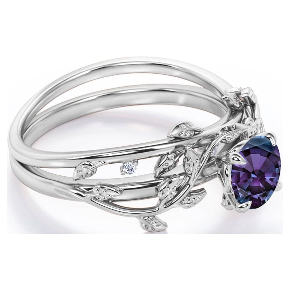JeenMata 0.50 Carat - Round Cut Lab Created Alexandrite Ring Set - Leaf & Vine Wedding Ring Set - 18K White Gold Plating Over Silver