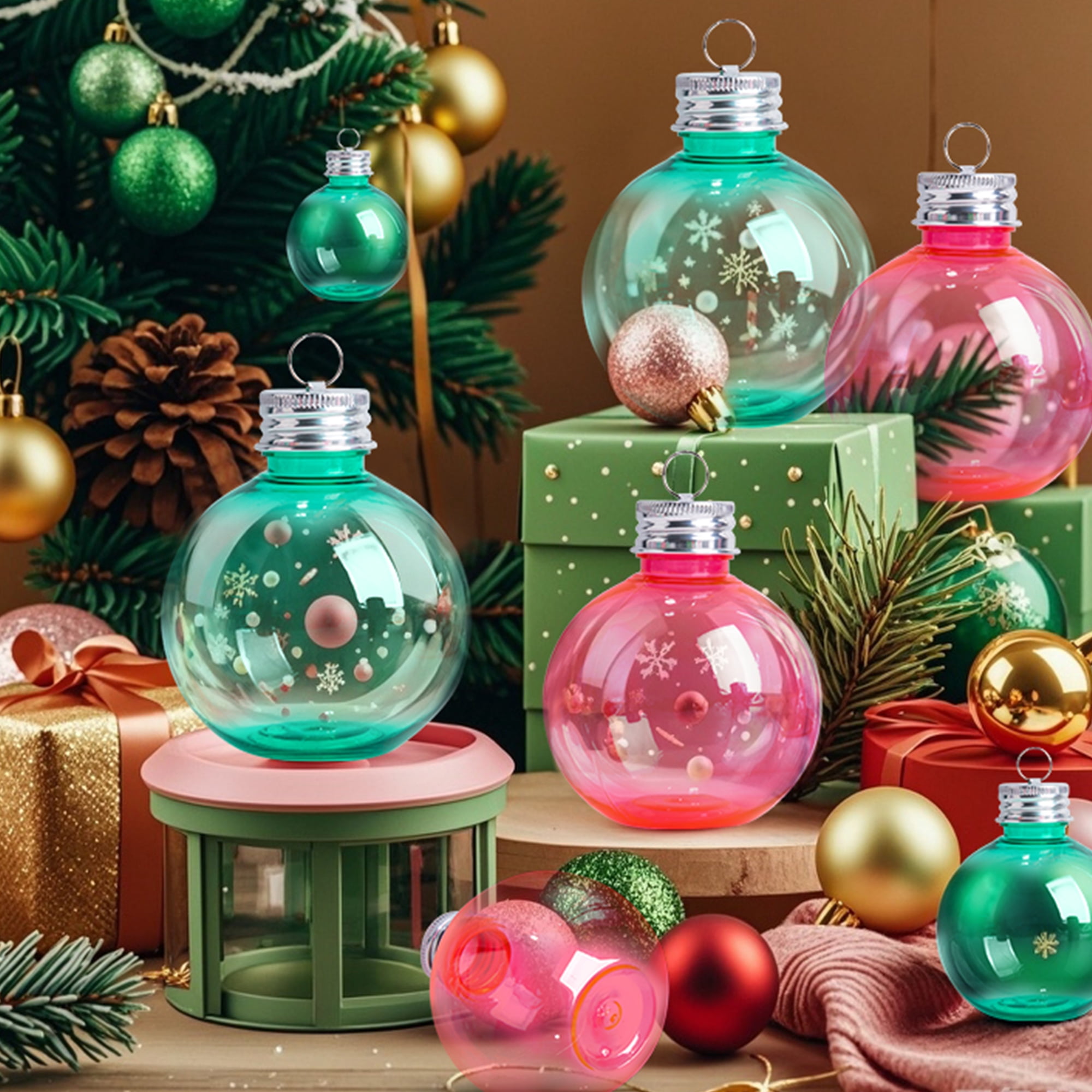 Fillable Christmas Ornament Balls for Drinks, 5 oz Plastic Bulb Ornaments, 6 Pack Hanging Tree Decor for Holiday Gifts and Stocking Stuffers