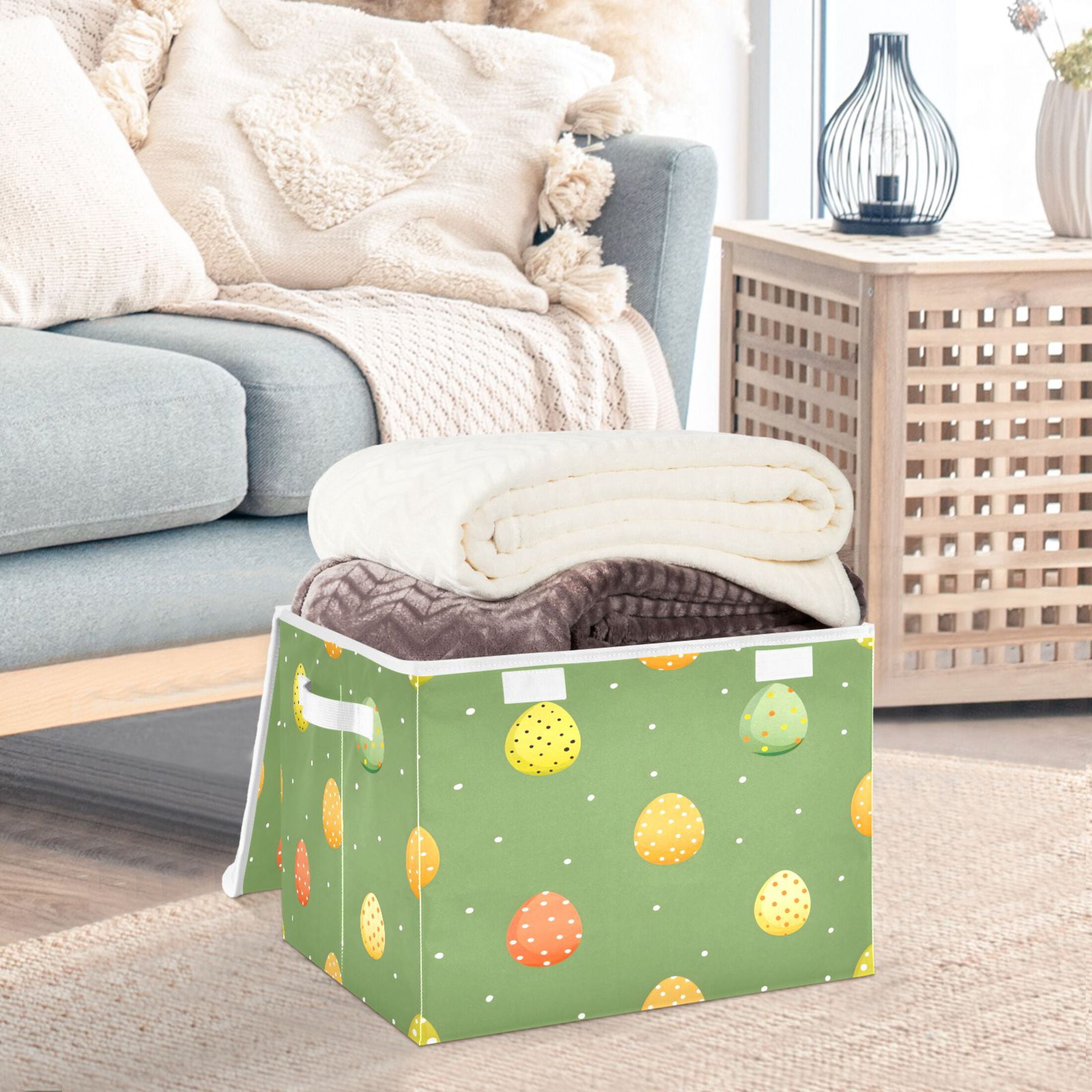 Ryvnso Eggs Easter Polka Dots Large Lidded Foldable Storage Baskets Cubes Boxes Lids Bin for Home