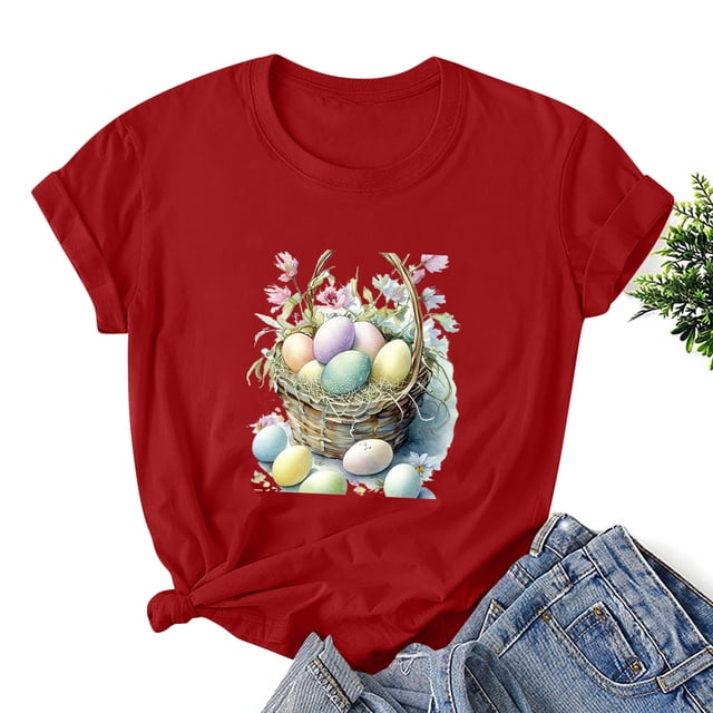 EGNMCR T-Shirt de Pâques Femmes Chemises Imprimé de Pâques T-Shirt Décontracté Imprimé à Manches Courtes pour Femme Haut à Manches Courtes Col Rond Hauts/chemises Femmes T-Shirts
