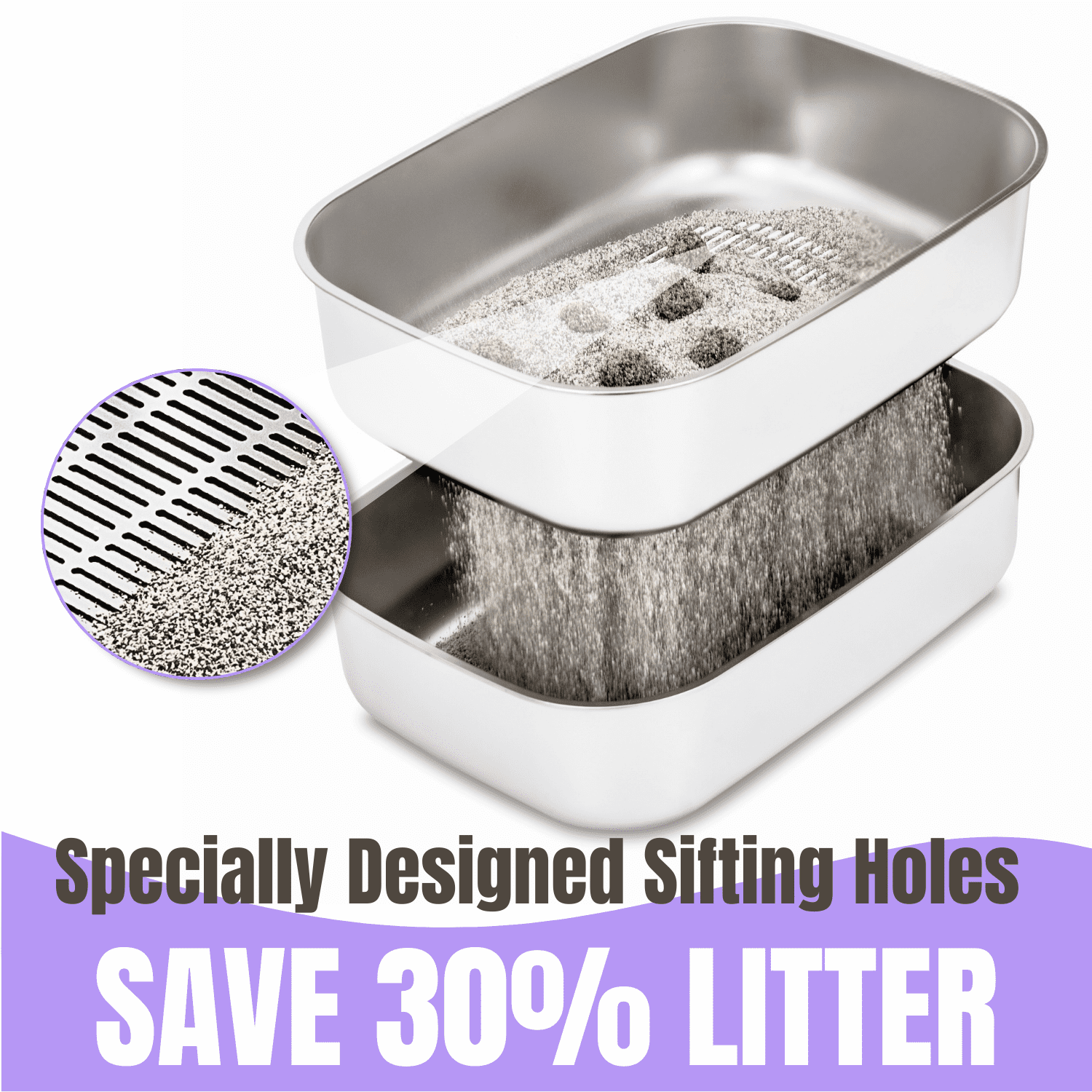 Furrbby Stainless Steel Sifting Litter Box with Lid for Big & Multi Cat, Easy Clean, with Scoop, Grey