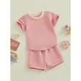 thumbnail image 3 of Suealasg 2Pcs Kids Boy Girl Summer Clothes 6M 1T 2T 3T Toddler Baby Casual Beach Outfits Short Sleeve Contrast Color Tops and Elastic Waist Shorts Set, 3 of 9