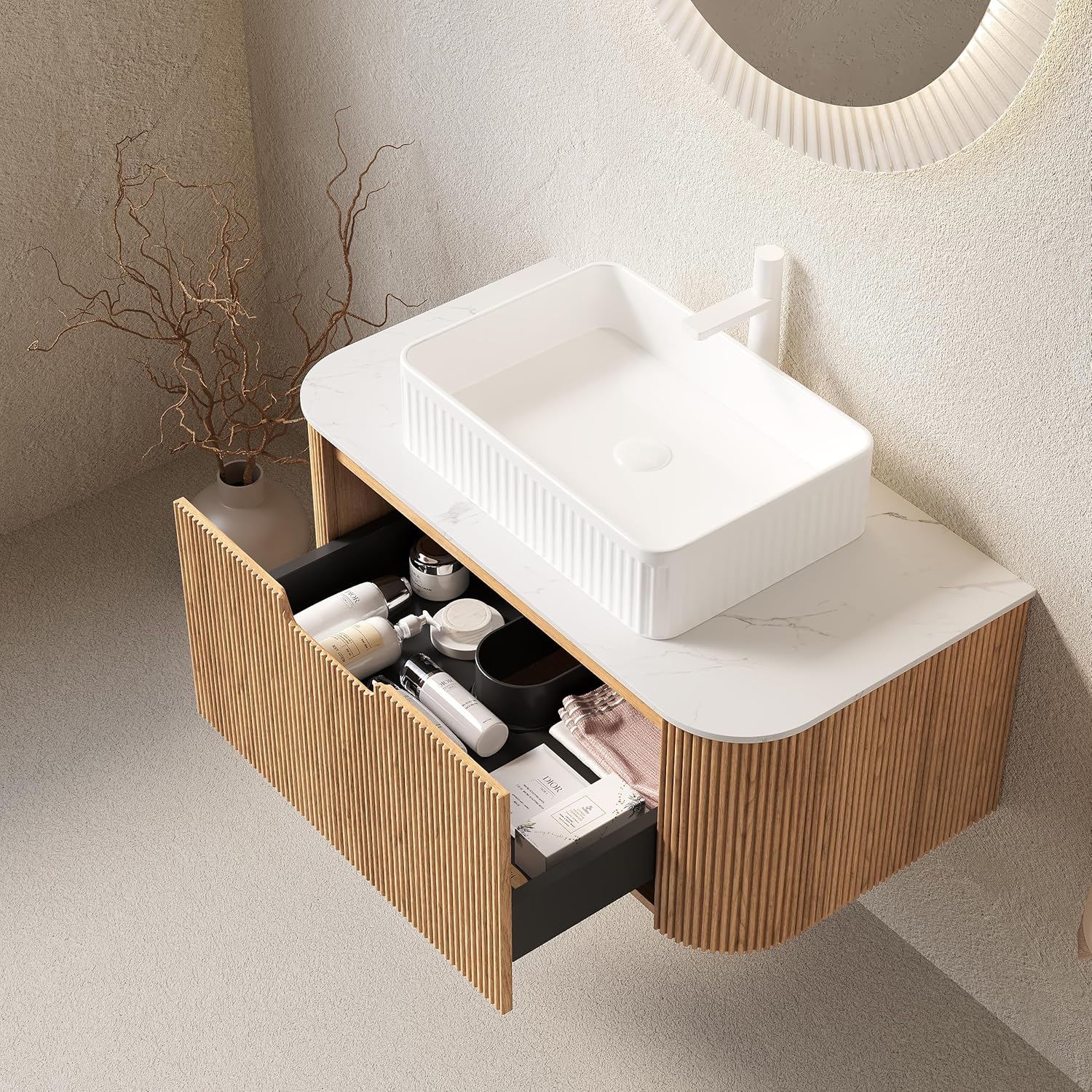 30"Floating Bathroom Vanity with Sink, Modern Bathroom Vanities with Rectangular Ceramic Basin and Marble Top, Extra Large Storage Drawer, Soft-Close Design, Pre-Assembled Cabinet,Brown