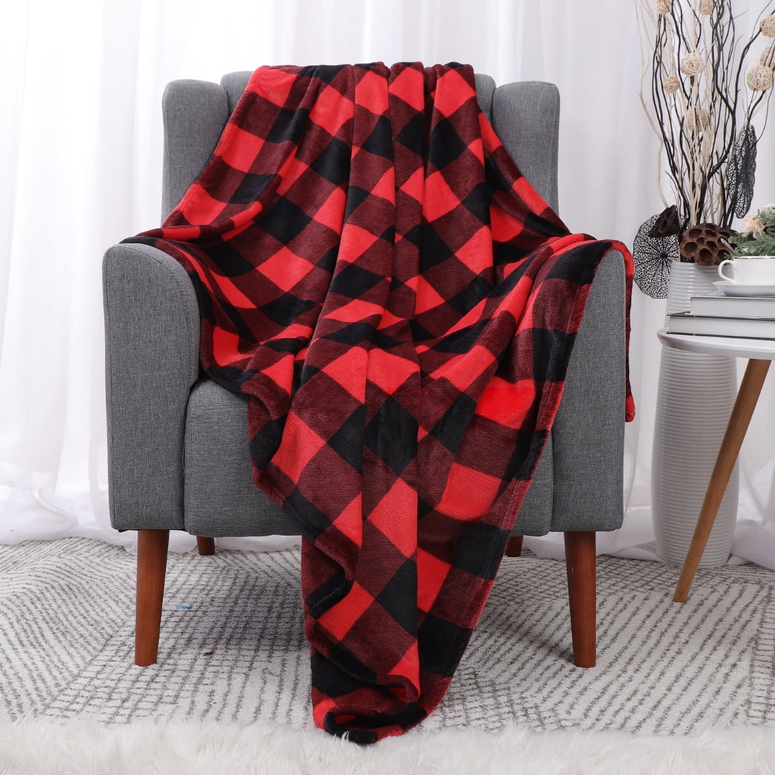Plaid Soft Plush Fleece Blanket for Sofa Couch Bed, 50" x 60", Scarlet+Black