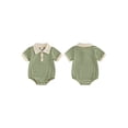 thumbnail image 2 of BemeyourBBs Newborn Baby Boy Summer Clothes Striped Bubble Romper Infant Boy Contrast Color Short Sleeve Turn Down Collar Button Up Shirt Bodysuit Jumpsuit, 2 of 9