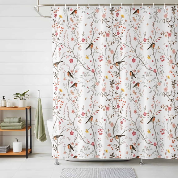Shower Curtain Bird Tree Branch Shower Curtains for Bathroom Decor, Waterproof Polyester Shower Curtain Set with Hooks, Extra Long 72" x 78" Pink Floral Leaves