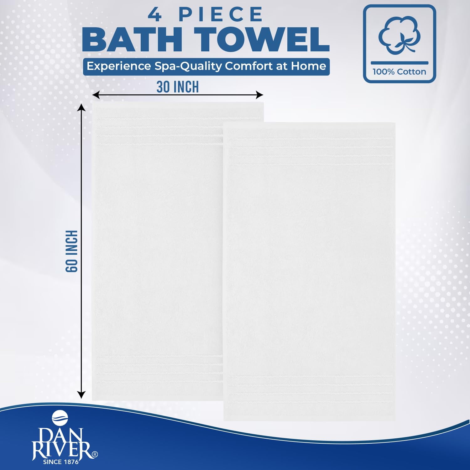 Dan River Bath Towel 30x60 pack of 4 Ultra Soft Quick Drying Large Cotton Towel - White