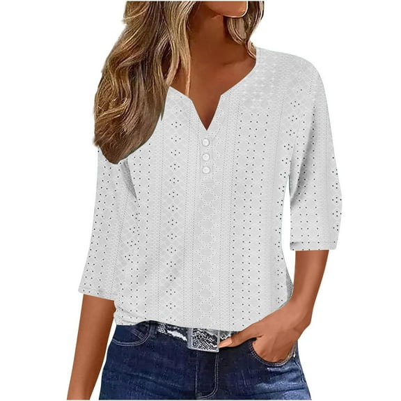 Women's Loose and Casual Solid V-neck 3/4 Sleeves and 3/4 Sleeves Top