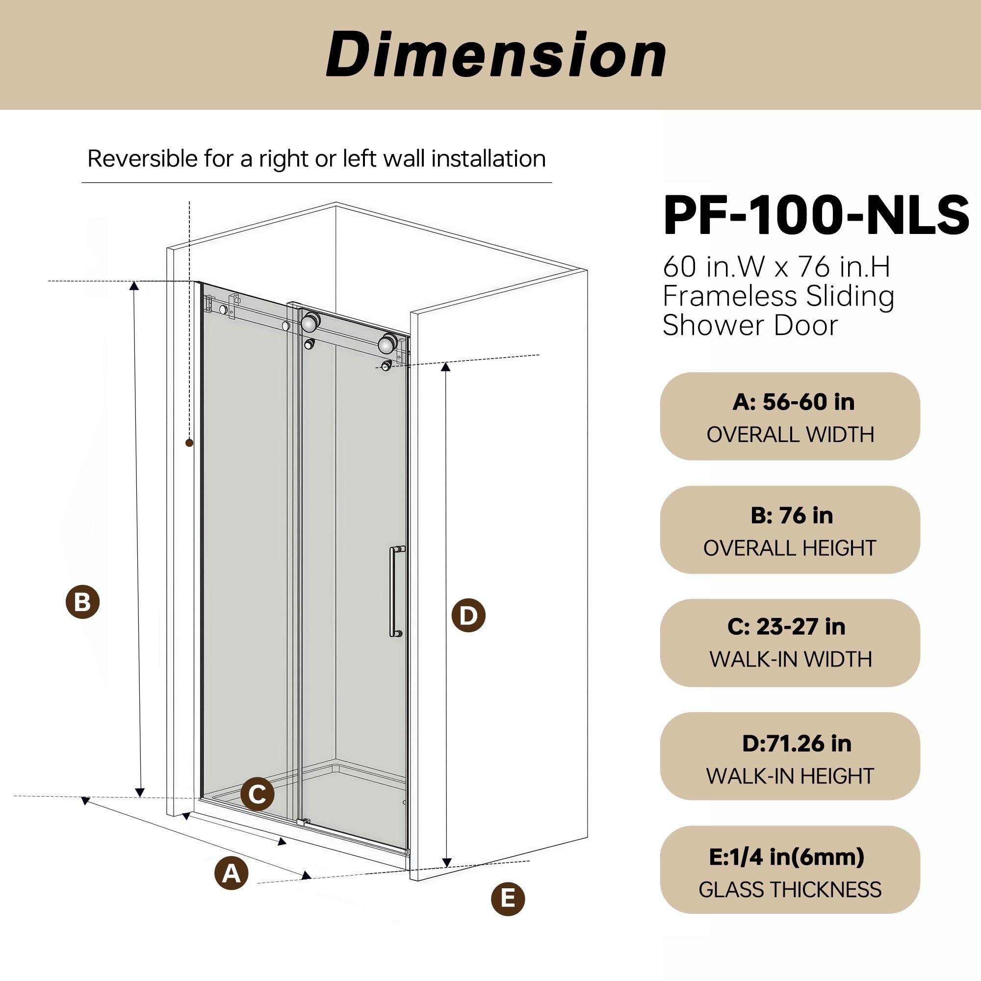 Leumius 56-60"W x 76" H Frameless Single Sliding Shower Door, 1/4\" Clear Tempered Glass, Stainless Steel Handle Square Tube Track Shower Door,Brushed Nickel