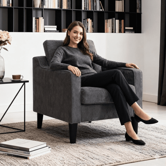 Accent Chair for Living Room, Mid Century Modern Reading Chair for Bedroom, Upholstered Armchair with Side Pockets, Comfy Single Sofa Side Chair for Office, Apartment, Small Room, Dark Grey