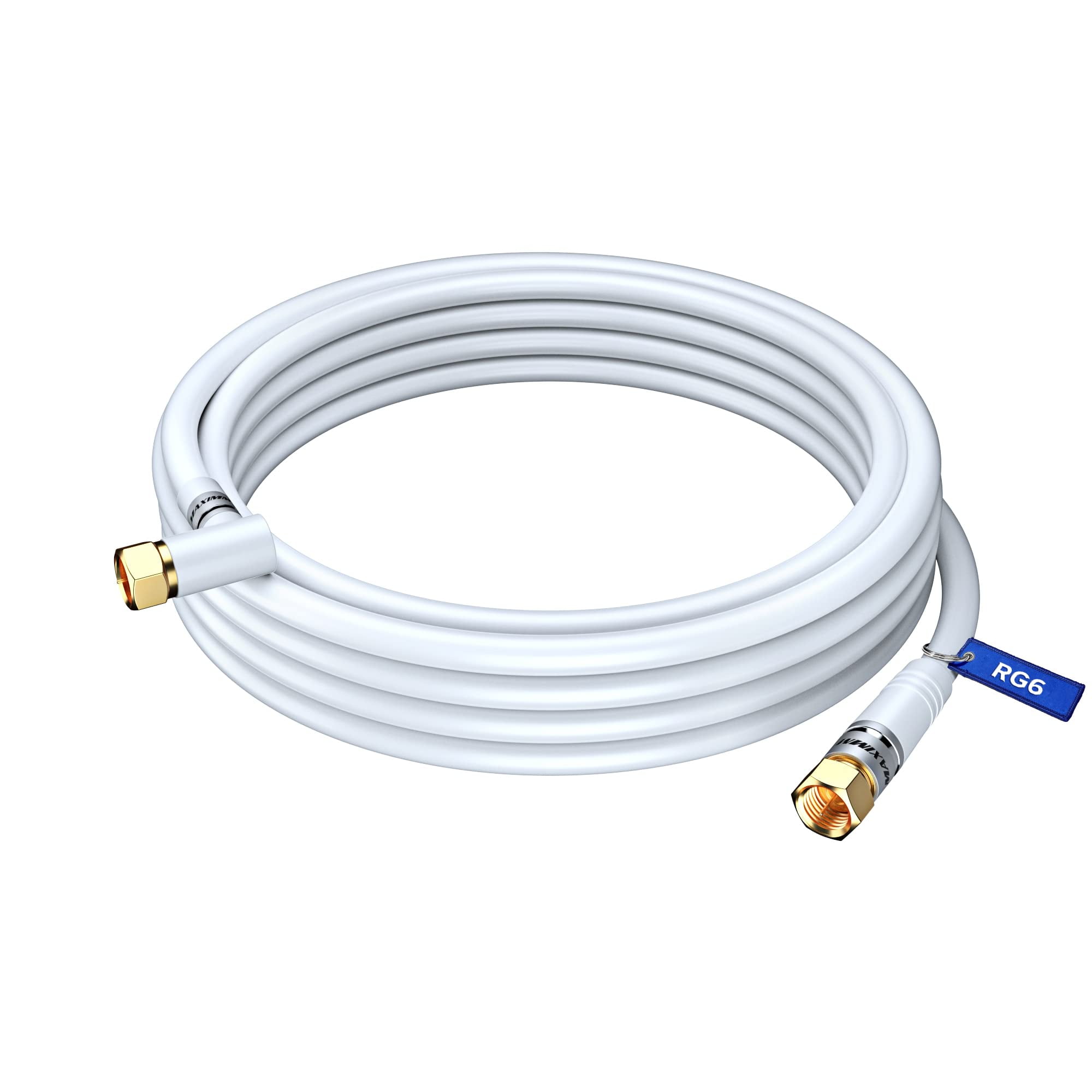 Coaxial Cable RG6, with a Right Angle 90° Connector, 1.5 ft, Coax Cable  F-Type Triple Shielded Coax Cable 1.5 Feet (White) 