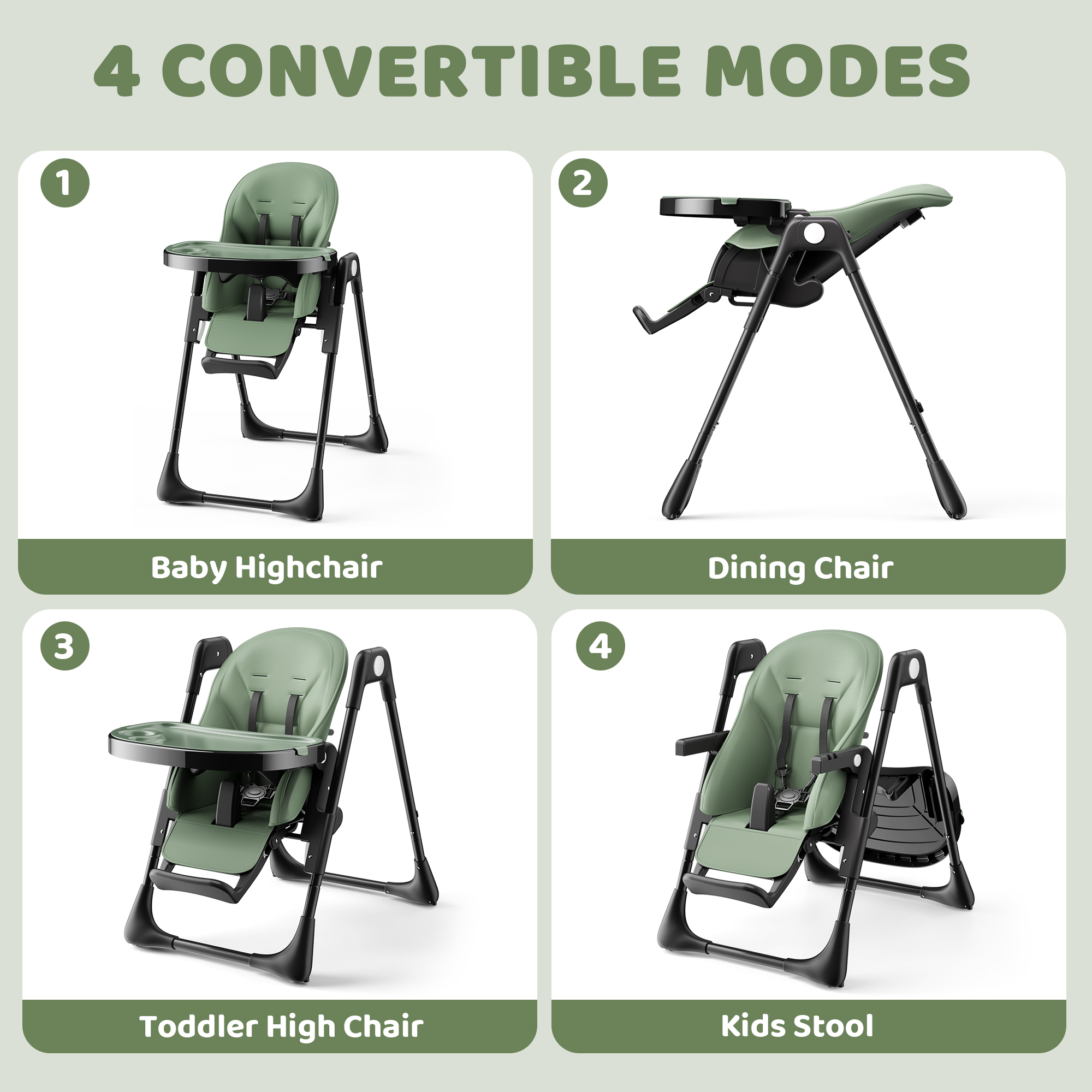 AILEEKISS Foldable High Chair, Green photo 4