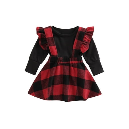 

Canrulo Toddler Baby Girl Christmas Skirt Set Long Sleeve Shirts Top + Plaid Suspenders Overall Dress 2Pcs Outfits Black Red 12-18 Months