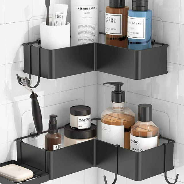 Estante de ducha con ganchos, organizador adhesivo sin perforaciones, resistente al óxido y al agua, almacenamiento multiusos para baño y cocina (2 piezas)