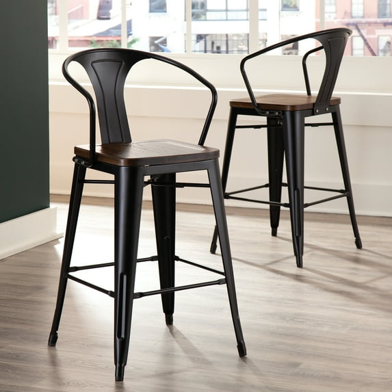OFM 161 Collection Industrial Modern 4 Pack 26" Mid Back Metal Stools with Arms and Solid Ash Wood Seats, Galvanized Steel Bar Stools with Oversized Seats, in Black/Walnut (161-26A-BK-WNT-4)