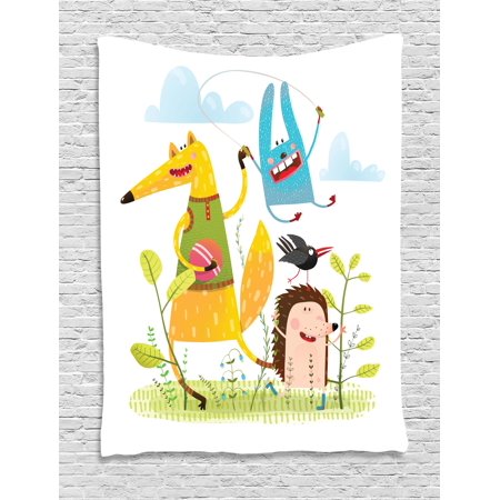 Kids Tapestry, Fox Hedgehog Crow and Dog Skipping Rope in the Garden Best Friends Children Cartoon, Wall Hanging for Bedroom Living Room Dorm Decor, 60W X 80L Inches, Multicolor, by