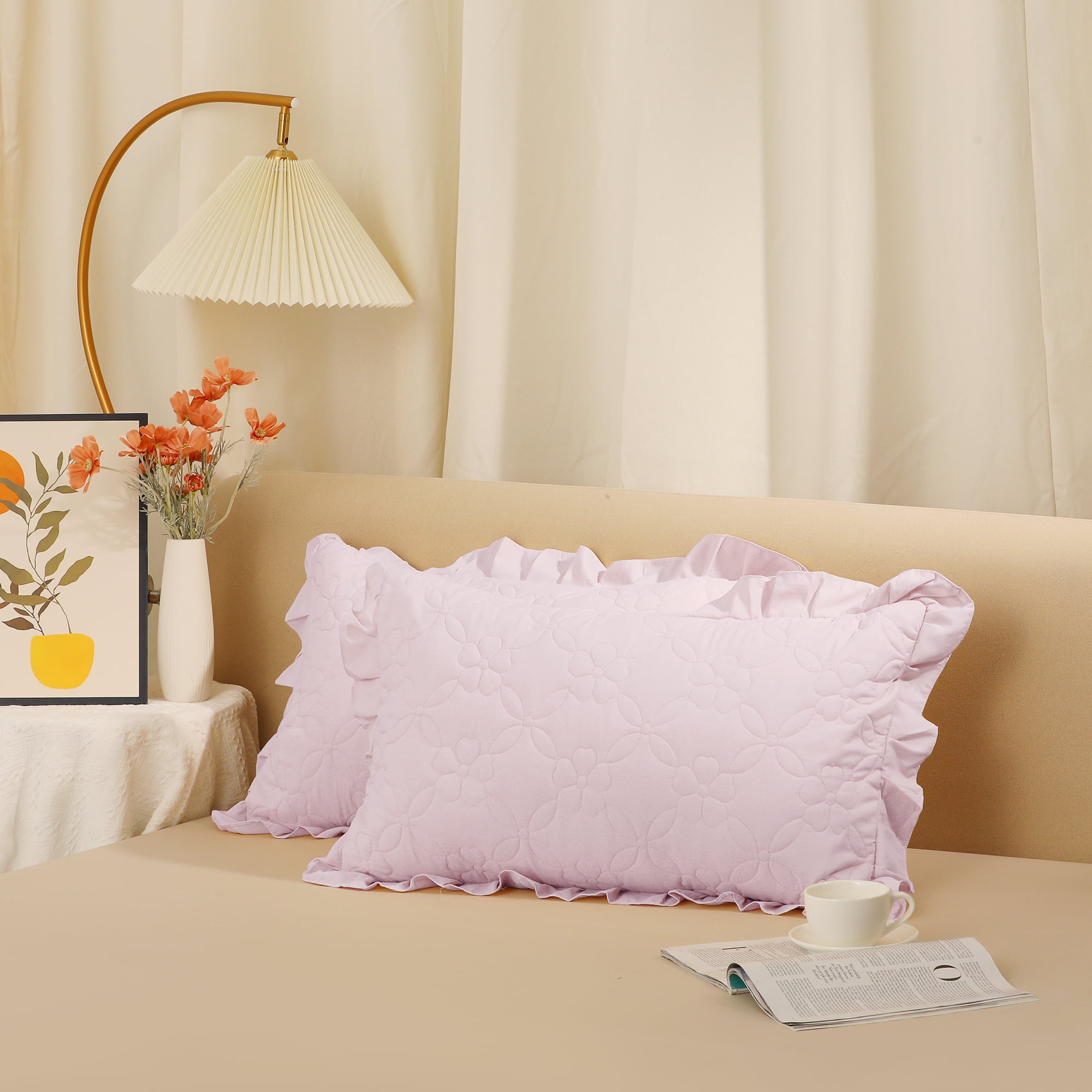 Unique Bargains 2Pcs Single Layer Wide Ruffles Envelope Closure Pillow Shams Purple Queen