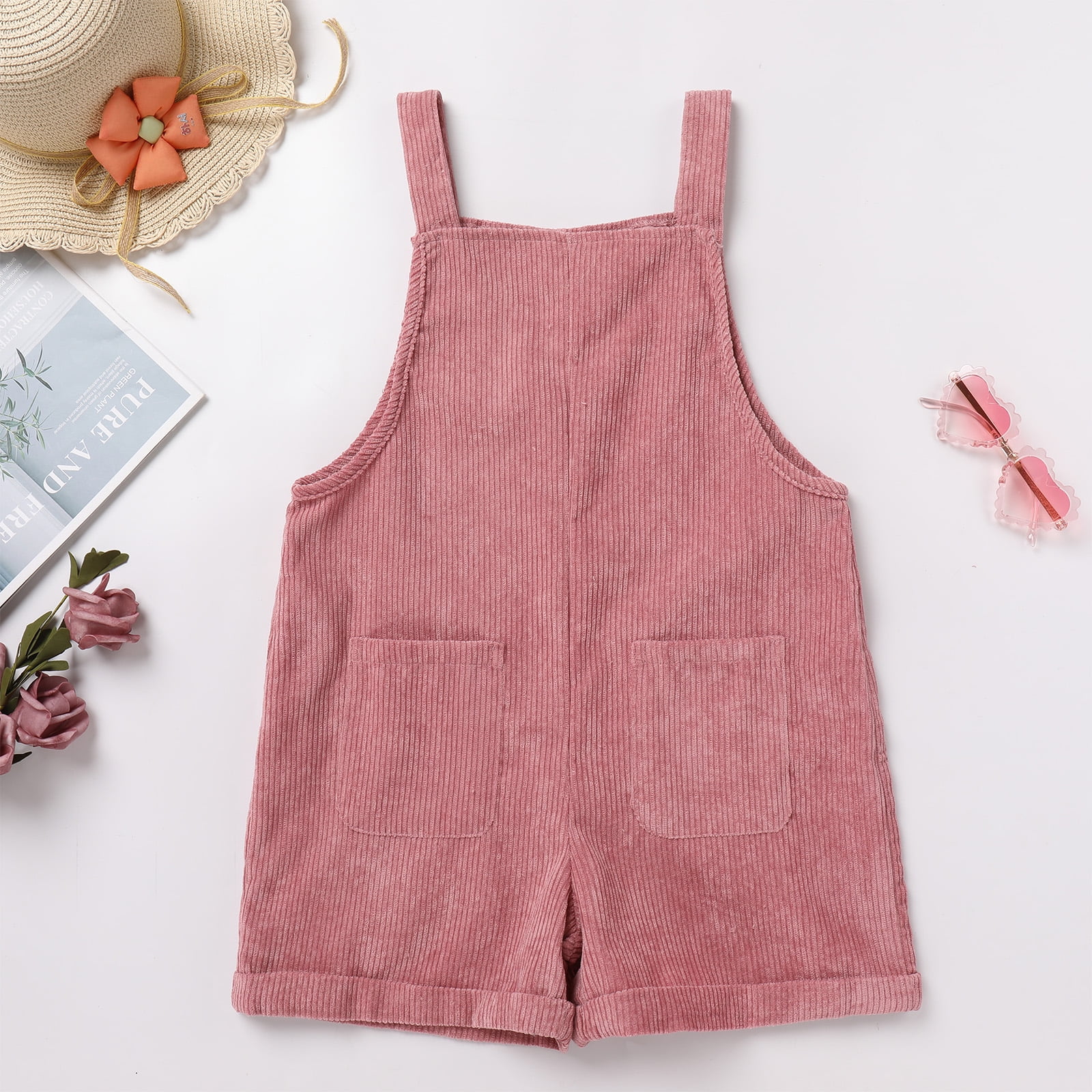 FYMNSI Mommy and Me Short Jumpsuits Matching Outfits Women Casual Sleeveless Loose Rompers Girls Bowknot Tie Straps Overalls with Pockets Pink Corduroy (Baby Girl 9-12M)