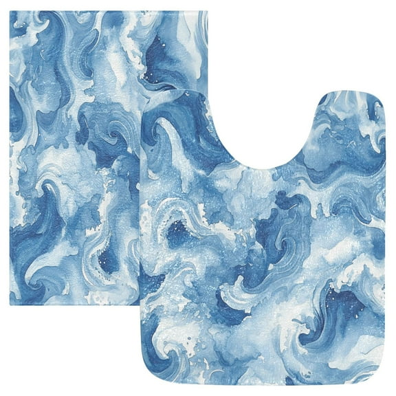 2 Piece Soft Bathroom Rug Set Fluid Indigo Waves Bath Mat and U-Shaped Toilet Contour Rug (16"x24" 20"x24")