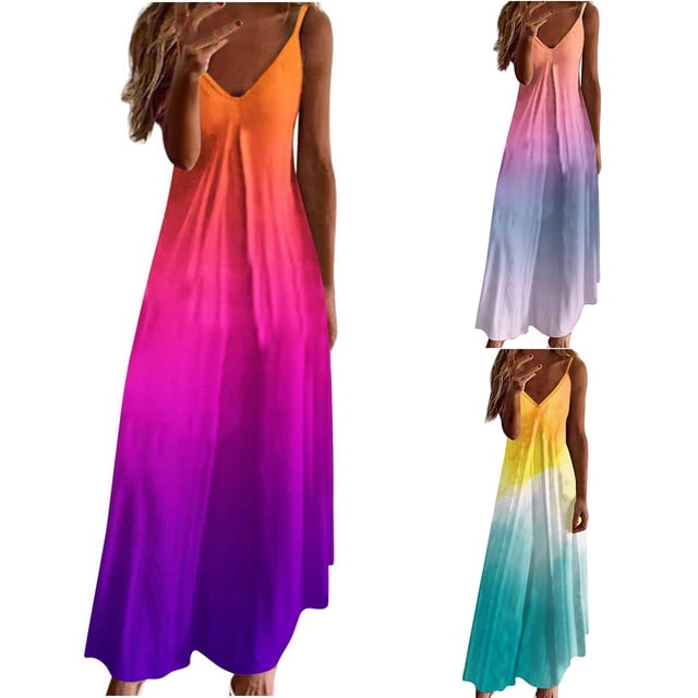 ZVAVZ Robes d'Invité de Mariage d'Été pour Femmes, Robe Longue Sans Manches à Imprimé Dégradé, Bretelles, Col en V, Robe de Plage Fluide, Rose Vif, TG