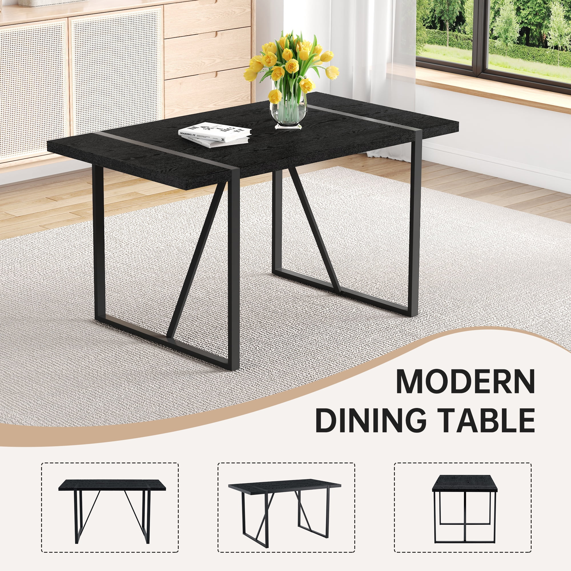 Mintazer 55 Inch Modern Black Wood Grain Rectangular Dining Table with Sturdy Metal Frame, Minimalist Kitchen Table for 4-6 People, Black