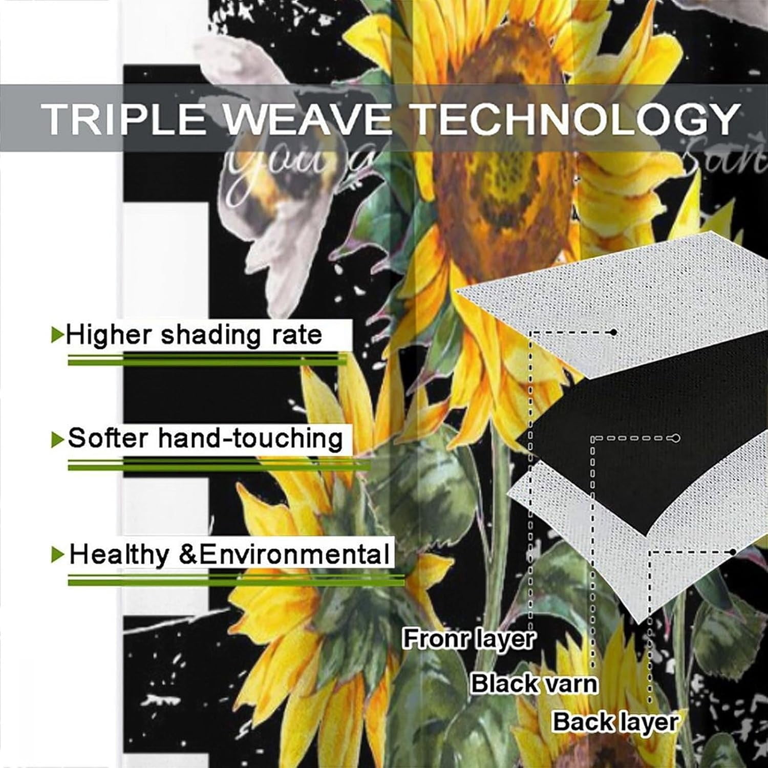 Sunflower Blackout Curtains for Kitchen, Rustic Farmhouse Vintage Watercolor Black Yellow Floral Flower Bee Retro Farm Country Living Room Bedroom Window Drapes Treatments 2 Panel 42x63in