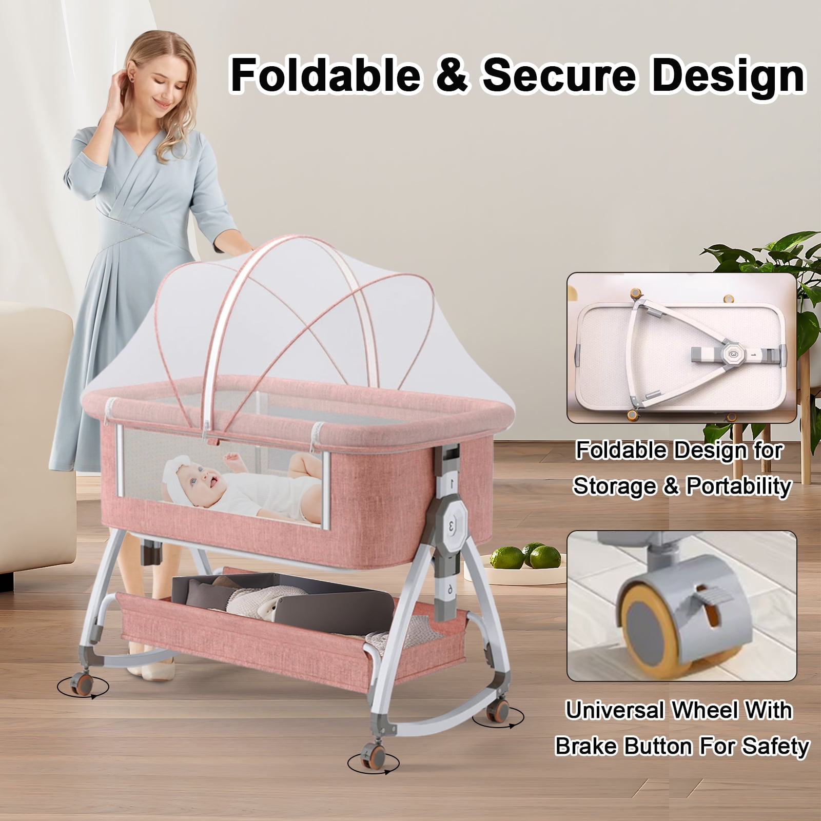 5-in-1 Folding Baby Bassinet,6-Height-Adjustable Crib with Lockable Wheels,Changing Table(Pink)
