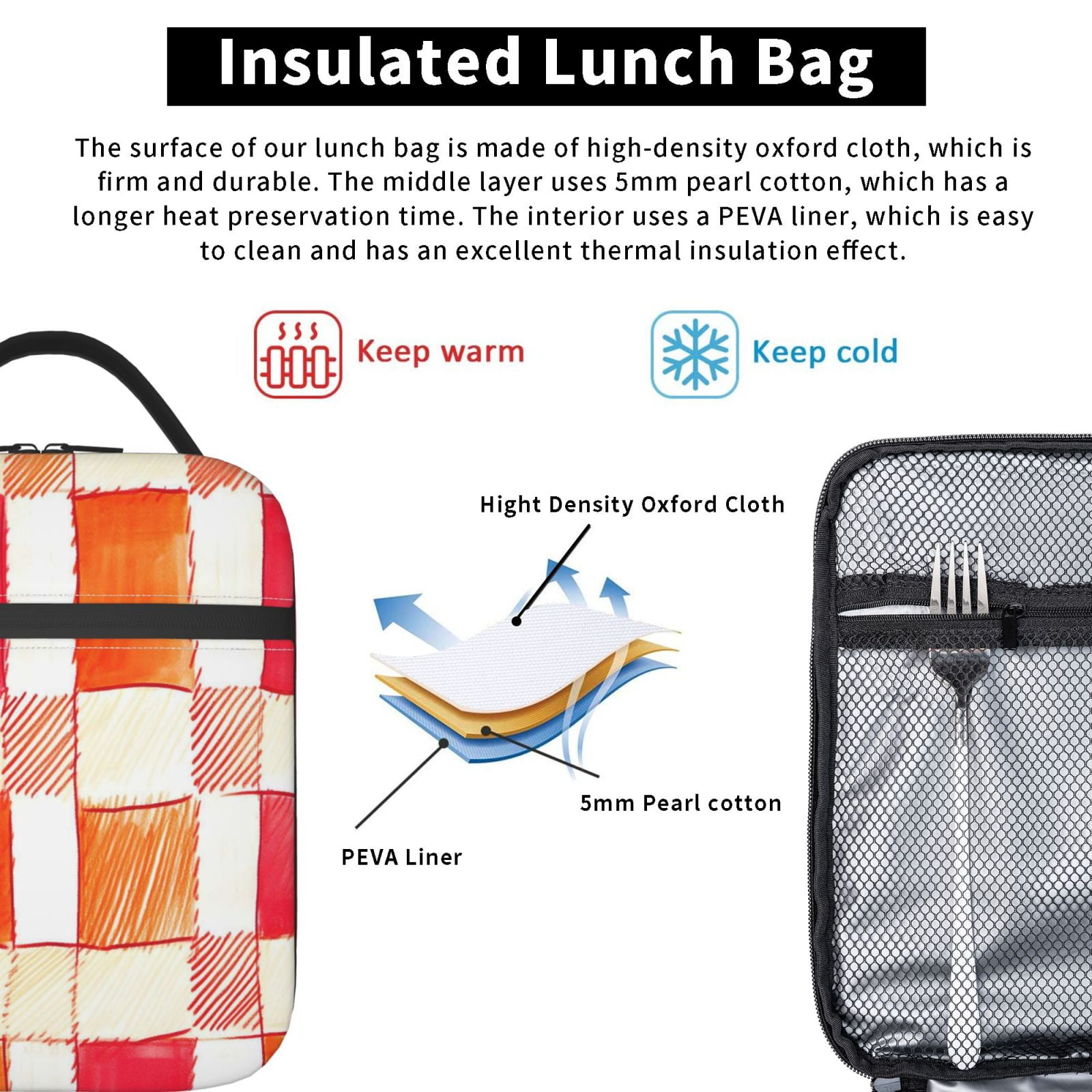 Lunch Bag For Women Men Insulated Portable Lunch Box Bento Box Office Picnic Travel Cooler Bag Orangered Houndstooth Checkered Hand-Drawn Sketch_4