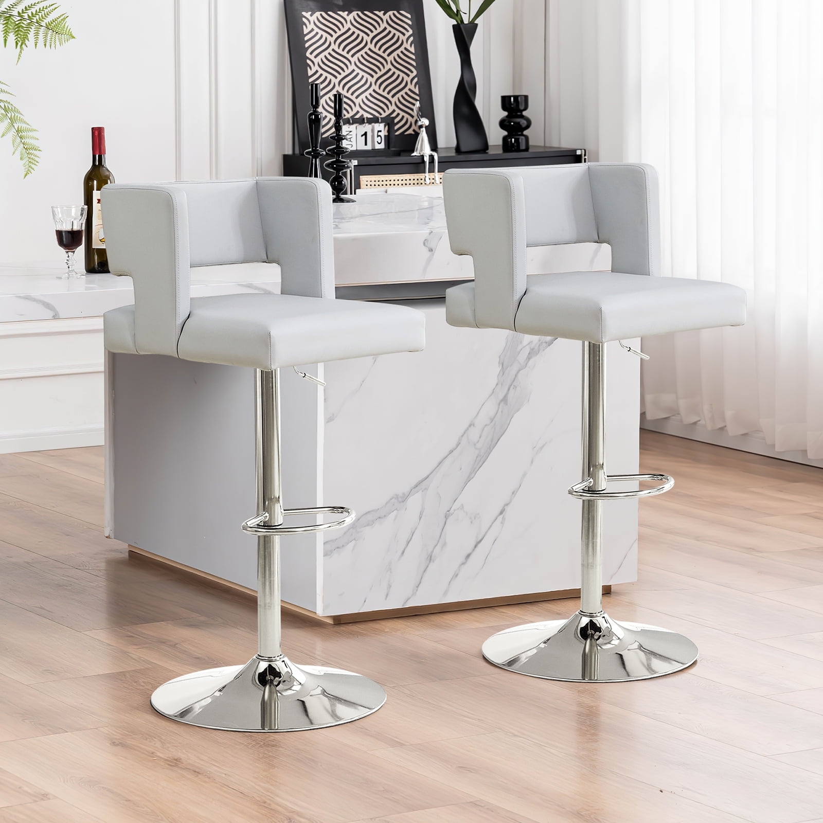 Sweiko Swivel PU Leather Bar Stools, 2pcs Adjustable Bar Chairs, Modern Upholstered Kitchen Counter Height Barstools, Silver Metal Leg Bar Stools with Backres, Light Gra