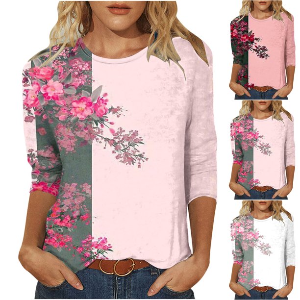 Fiudx Ofertas Flash Artículos En Oferta Camiseta Holgada de Manga Tres Cuartos con Cuello Redondo y Estampado Regular a La Moda Informal para Mujer