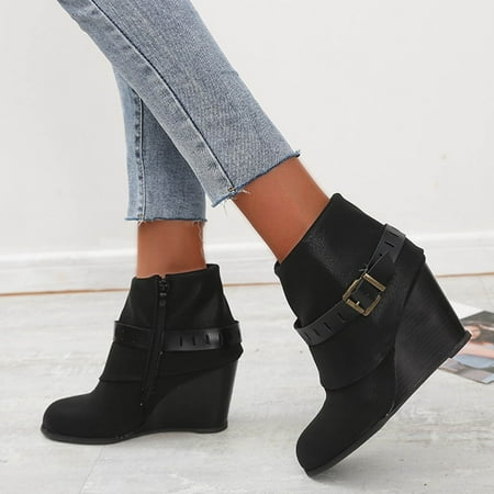 

New Years Eve Outfit Womens Boots Shoes Winter Snow Boots For Womenbelt Heel Wedge Fashion Buckle Boots Zipper Solid Side Women S Color Short Women S Boots Gifts For Women Her Birt