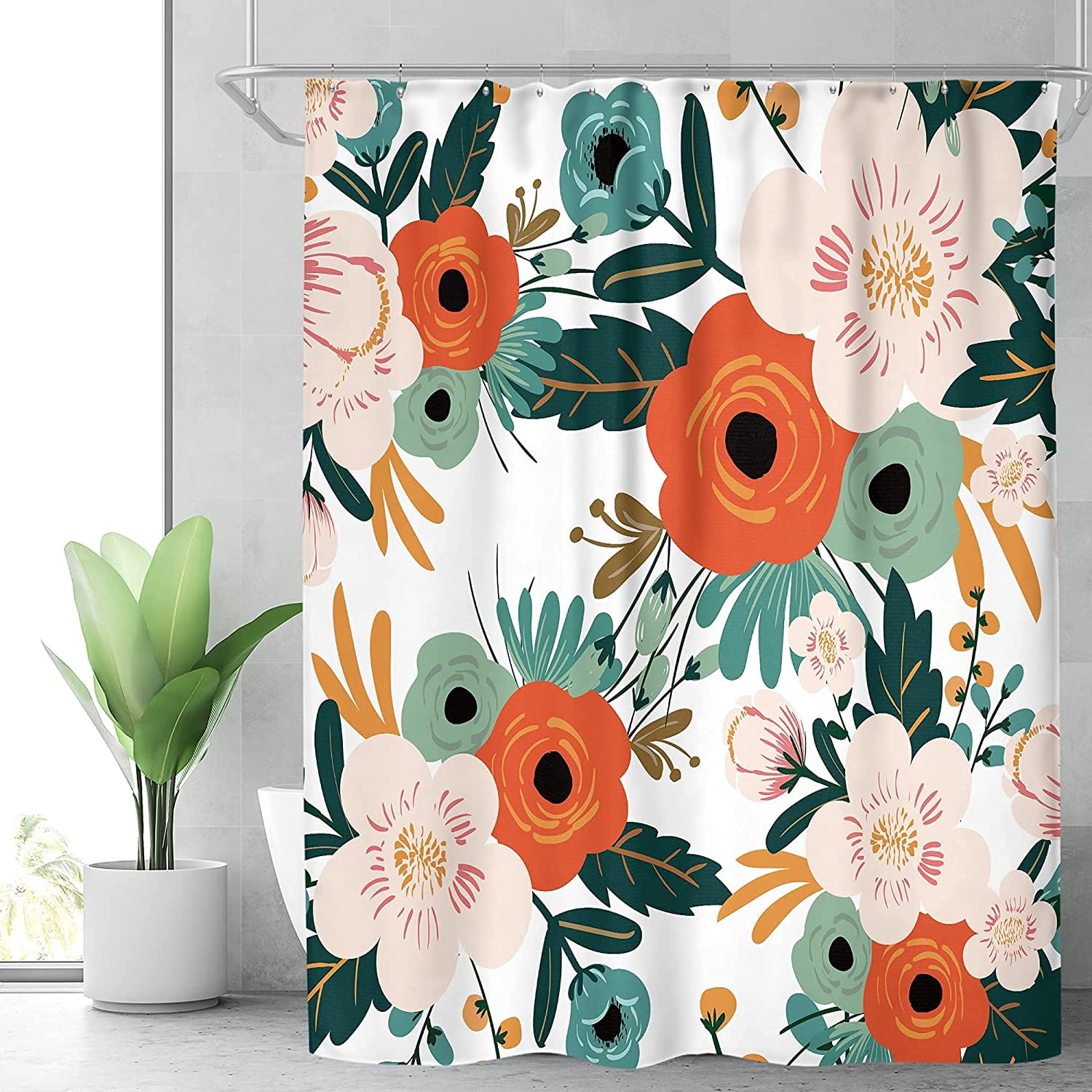 Extra Long Spring Flower Fabric Shower Curtain 72Wx84H Inch Watercolor Floral Green Leaves Orange Bathroom Decor Polyester Waterproof 12 Pack Plastic Shower Hooks WW-YHX9