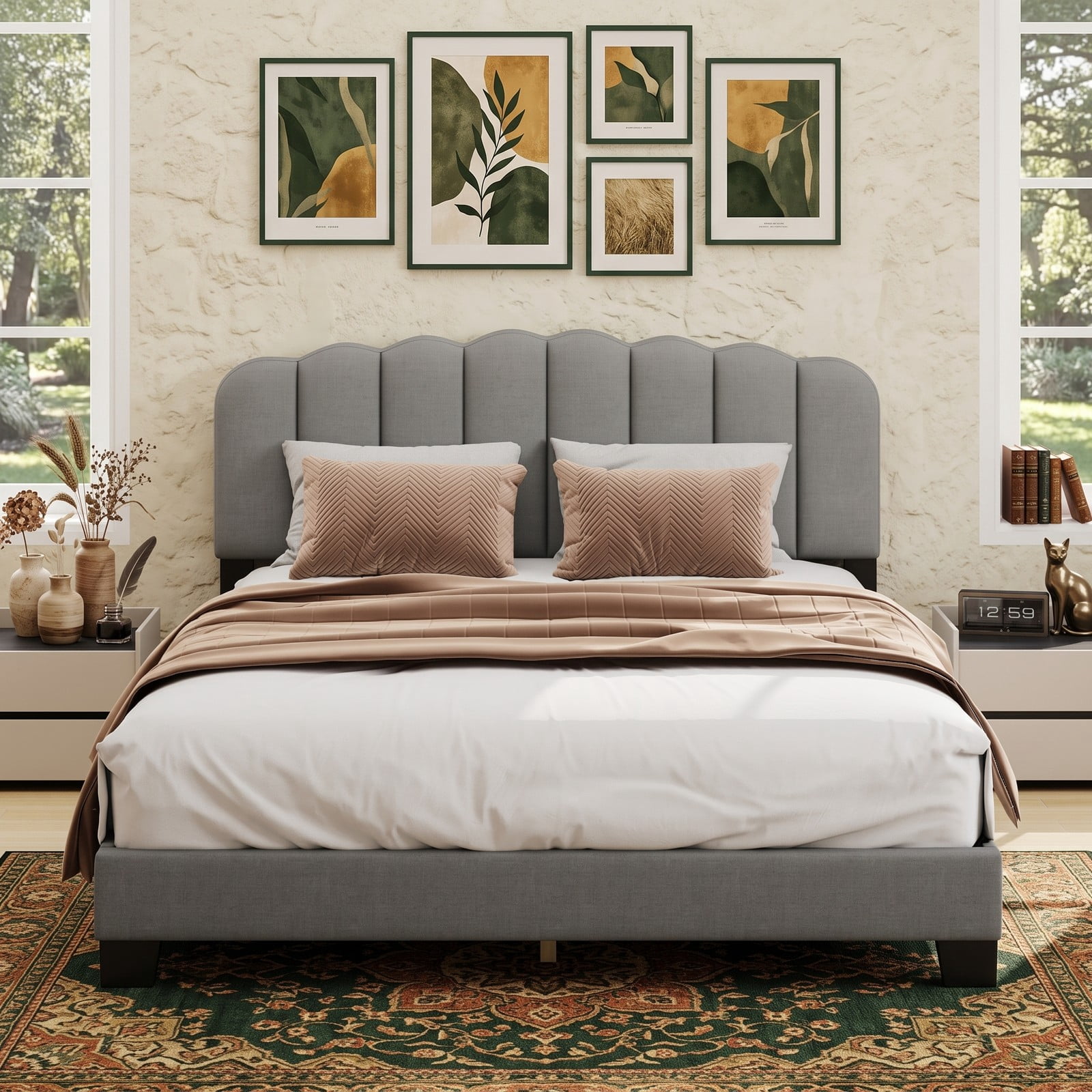 Furnibear Queen Size Bed Frame, Upholstered Platform Bed Frame with Adjustable Scalloped Headboard and LVL Slat Support, Queen Bed No Box Spring, Gray