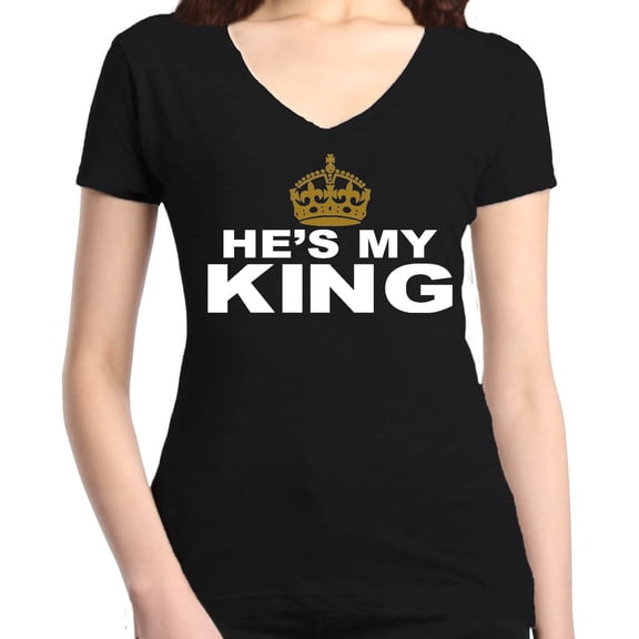 Shop4Ever Women's He's My King Matching Couples Slim Fit V-Neck T-Shirt X-Large Black