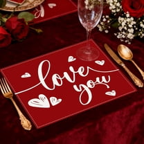 Valentine’s Day Linen Placemats - Solid Color Letter Print Insulated Table Mats for Holiday Parties Home Kitchen Dining Decor Durable Easy-Clean Heart-Themed Mats, D, 1pc
