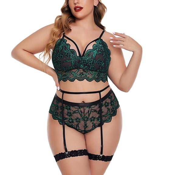 JSGEK Women's Floral Lace Corset Lingerie Set with Underwire and Adjustable Straps Green L