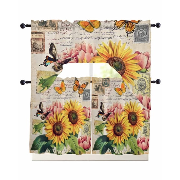 Vintage Sunflower Swag Kitchen Curtains Sets for Windows 24 Inch Length, Spring Summer Botanical Floral Rustic Short Window Curtain Panels Swags Valances and Tiers 3 Piece Set for Cafe/Dining Room