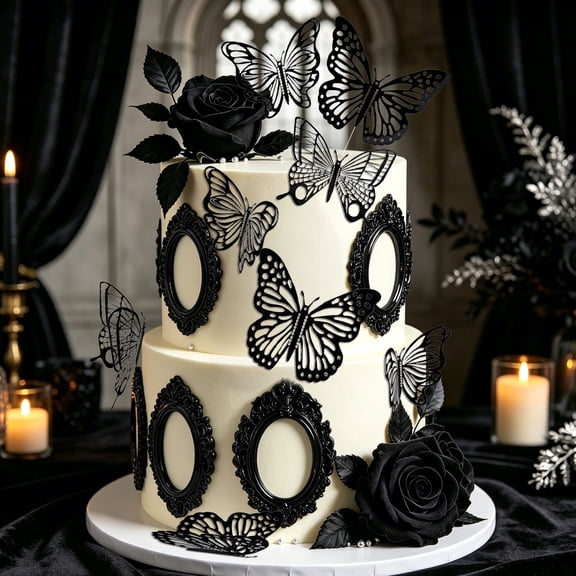 Black Butterfly Theme Cake Decoration Set - Dark Vintage Design, Perfect for Birthday Parties, Weddings, and Themed Events