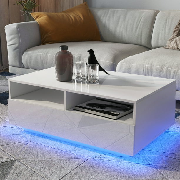 Drawers Living Room End Table With Led, White High Gloss Coffee Table With Drawers
