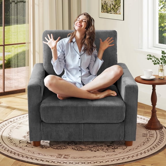 Welzona 35.5" Corduroy Accent Chair, Oversized Reading Armchair with 22.5" Deep Seat, Tool-Free Assembly, Grey
