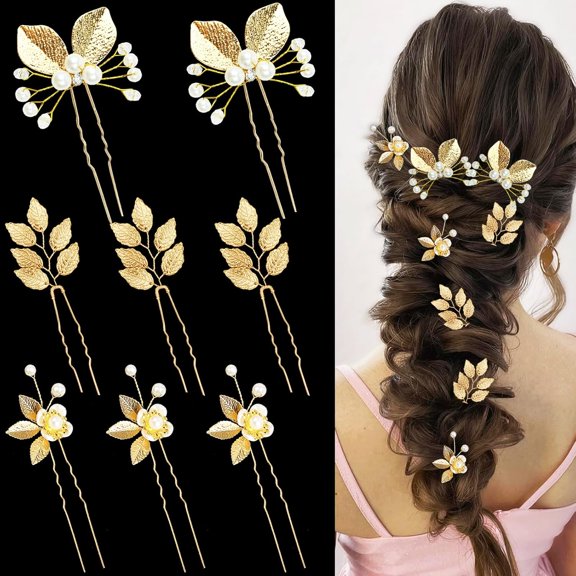 8PCS Gold Leaf Hair Pins with Crystals, Pearls, Rhinestones, Bridal Headpiece Wedding Hair Styling Pins Vintage Hair Accessories for Brides Bridesmaids and Flower Girls